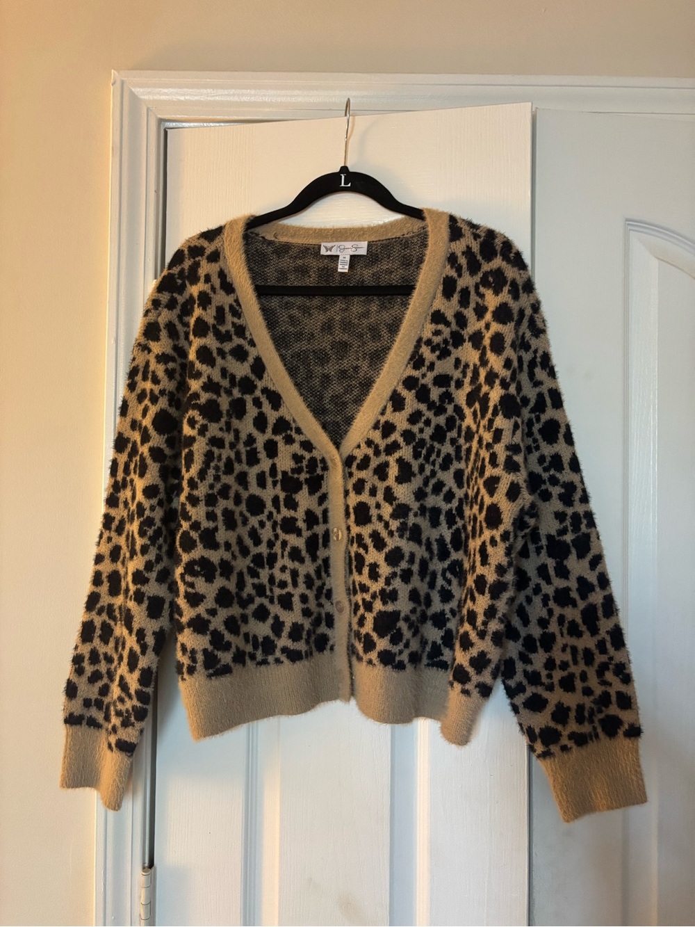 Jessica Simpson Leopard Print V-Neck Cardigan - Tan/Black